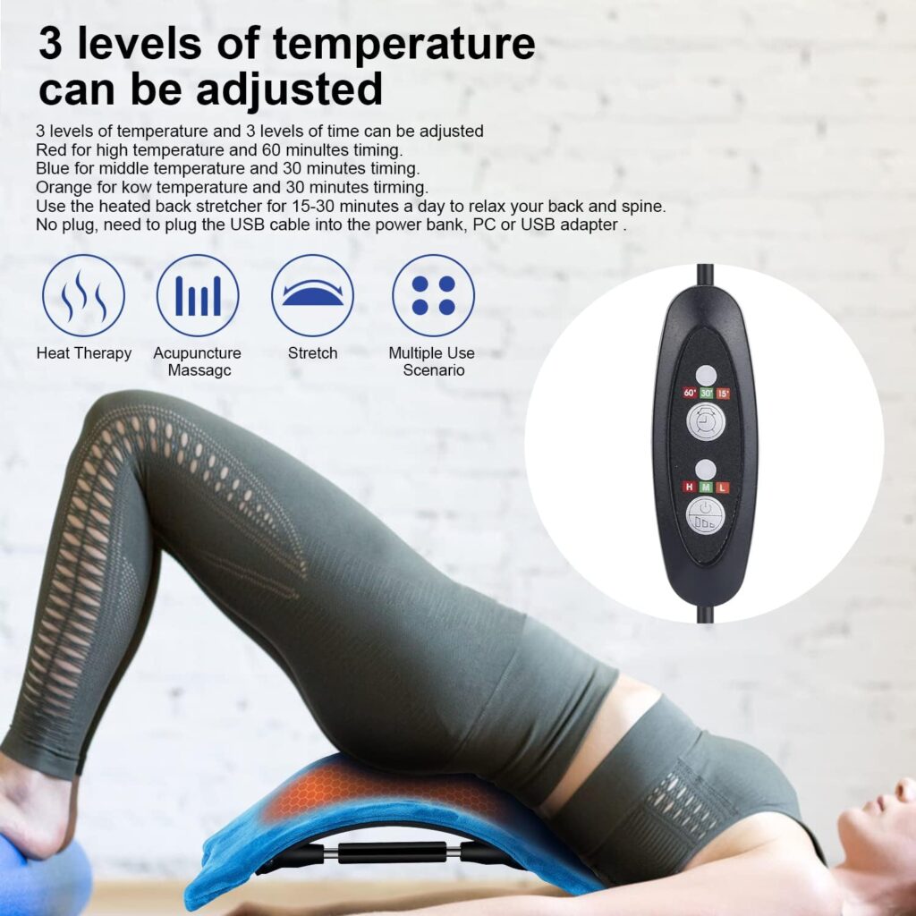Back Stretcher with Detachable Heating Pad for Pain Relief, Multi-Level Adjustable Timing Heat Therapy Back Cracker, Upper  Lower Back Pain Relief Device for Herniated Disc, Sciatica, Scoliosis