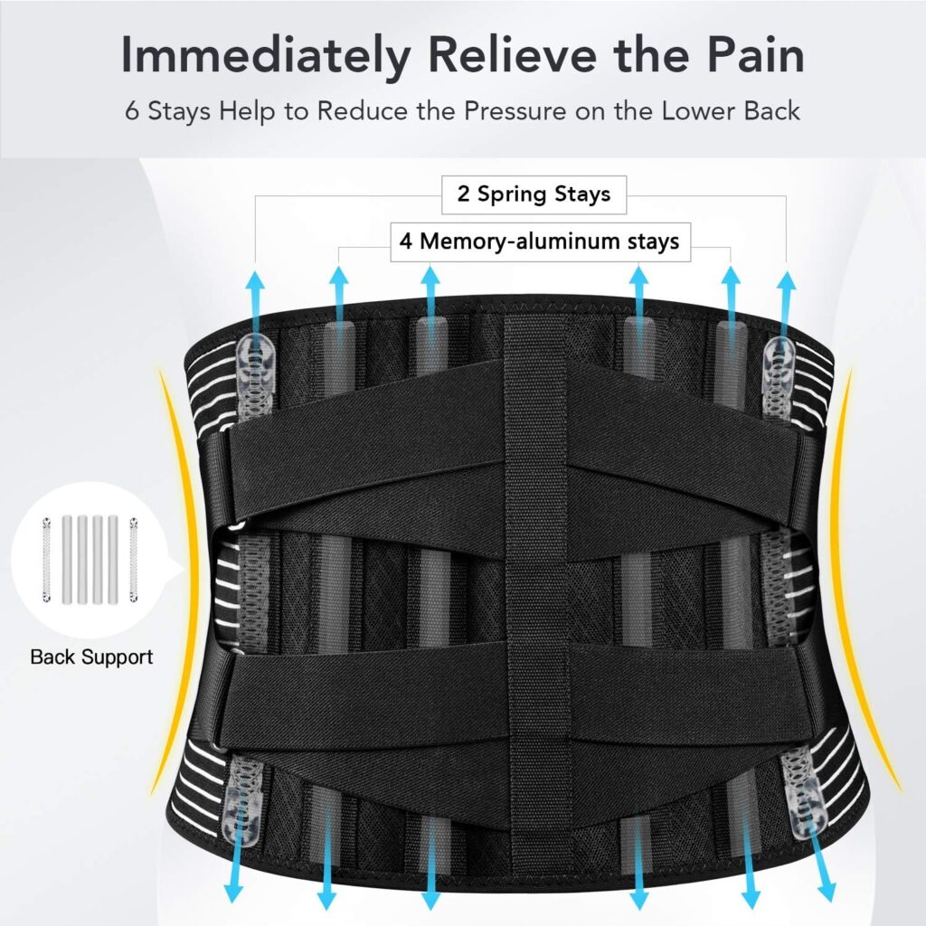 FREETOO Back Braces for Lower Back Pain Relief with 6 Stays, Breathable Back Support Belt for Men/Women for work , Anti-skid lumbar support belt with 16-hole Mesh for sciatica(M)