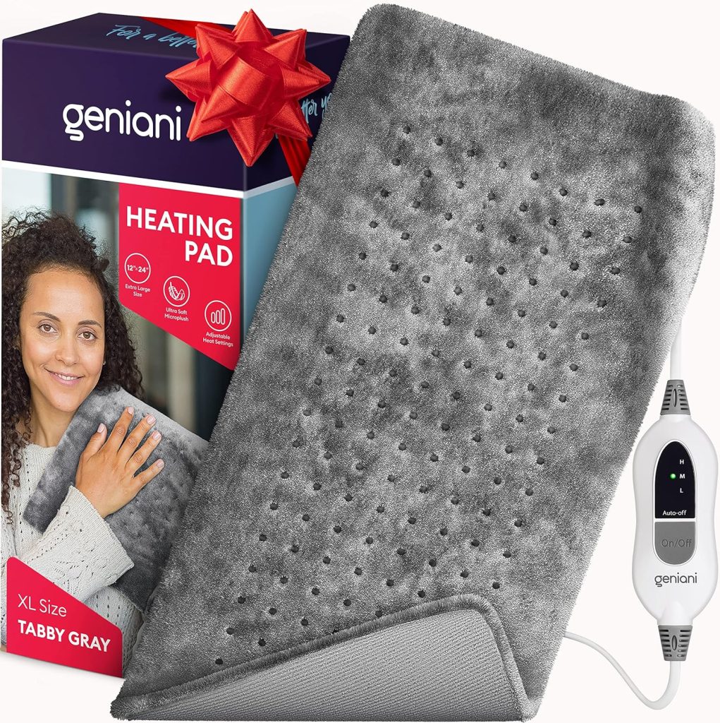 GENIANI XL Heating Pad for Back Pain  Cramps Relief, FSA HSA Eligible, Auto Shut Off, Machine Washable, Moist Heat Pad for Neck and Shoulder, Electric Heat Patch for Knee, Leg, Tabby Gray 12‘×24’’